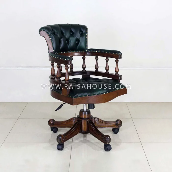 Antique Office Chair Classic Mahogany Wood With Green Fabric (RAC_034)
