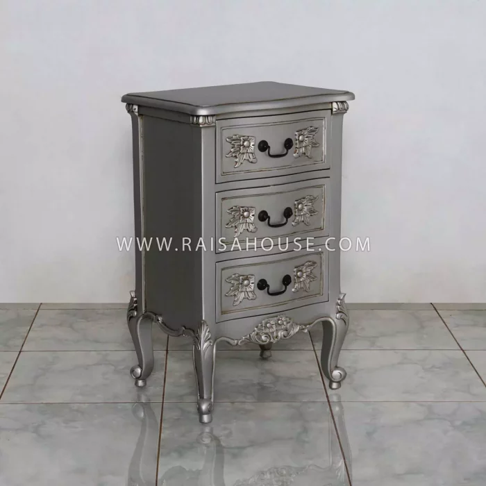 3 Drawers French Nightstand Silver