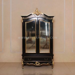 French Armoire 2 Doors Mirror Black With Gold Trim