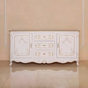 Base Of China Cabinet 2 Doors With 3 Drawers White Complete Covering With Gold Decor