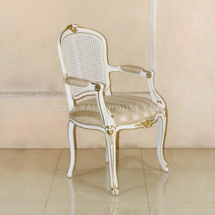Louis Xv Arm Chair With Cane And Uph White With Heavy Gold Decor