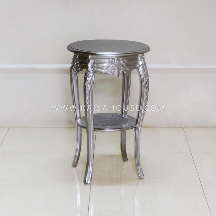 Louis Small Round Table W Rattan Shelf Under Silver Leaf & Light Antique