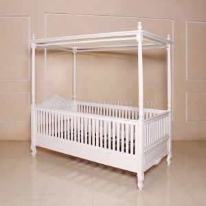 French-inspired Sweetheart Canopy Bed with carved details and durable mahogany frame