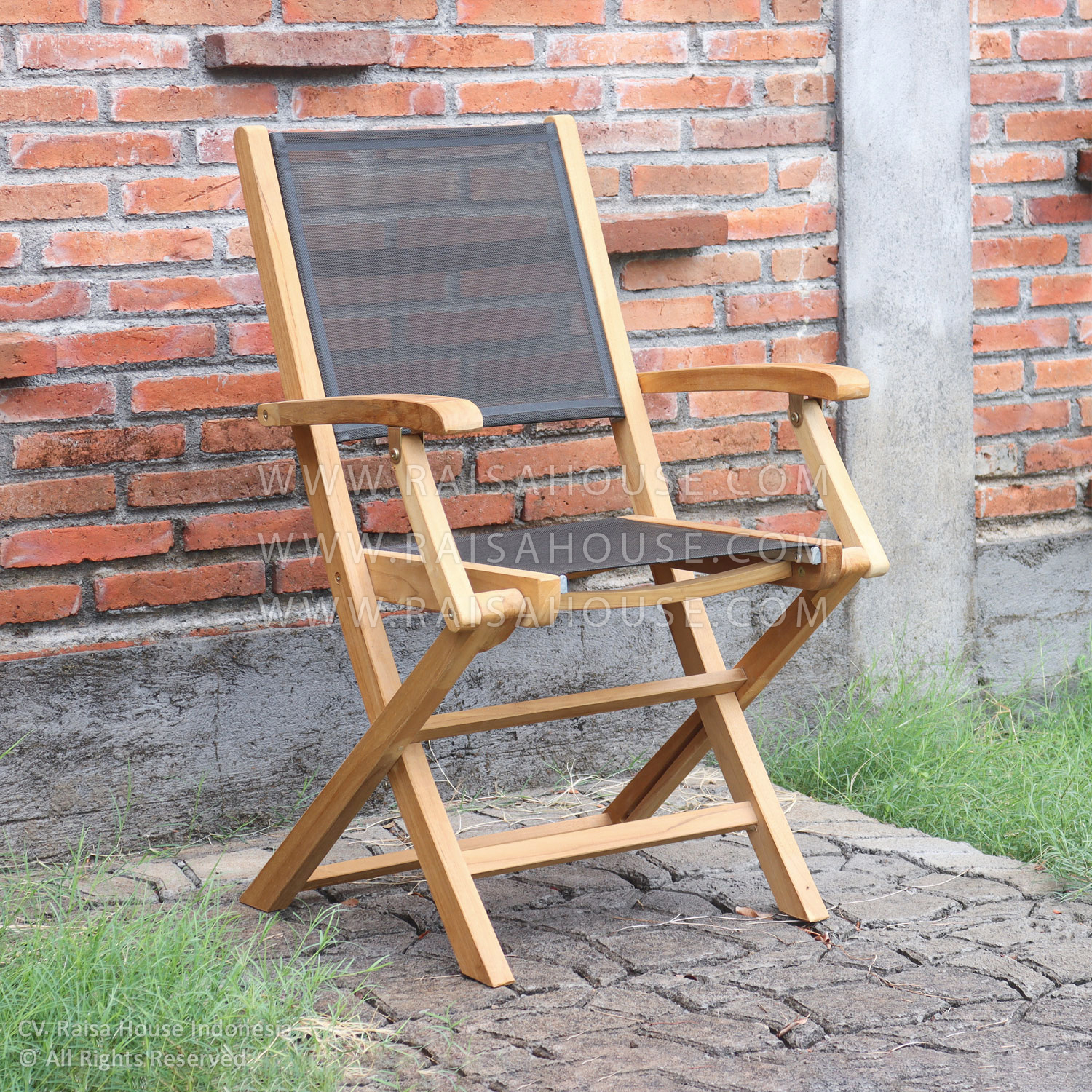 The Anson folding armchair is made from premium teak wood and Batyline mesh - made by an Indonesian furniture manufacturer.