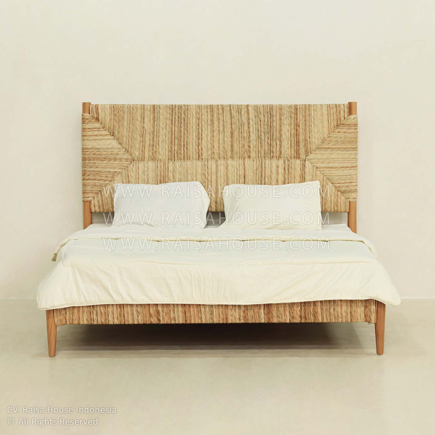 Dumber Bed with natural wicker headboard and frame. Using quality teak wood and japandi furniture design.