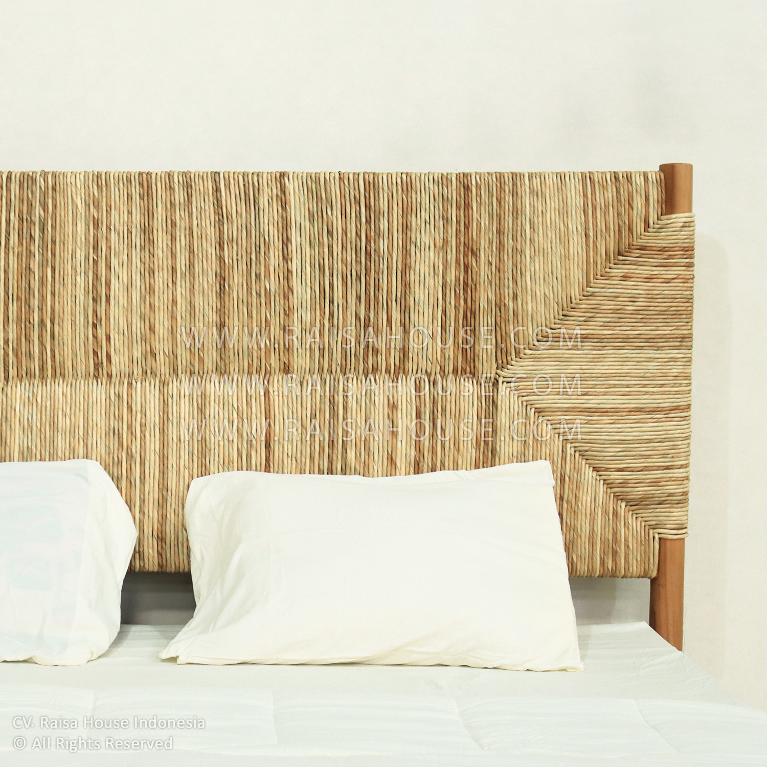 Dumber Bed with natural wicker headboard and frame. Using quality teak wood and japandi furniture design.
