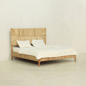 Dumber Bed with natural wicker headboard and frame. Using quality teak wood and japandi furniture design.
