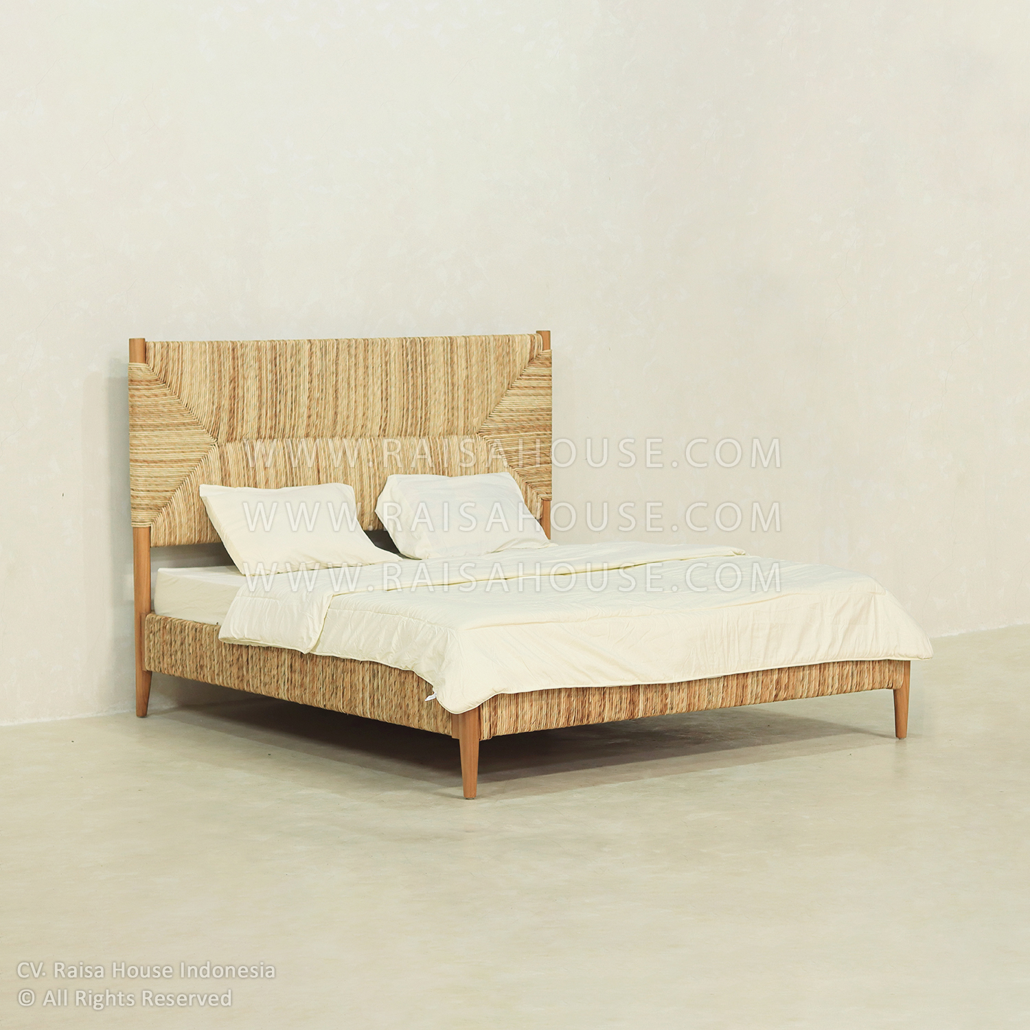 Dumber Bed with natural wicker headboard and frame. Using quality teak wood and japandi furniture design.