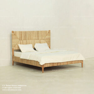 Japandi style teak wood bed, loom woven headboard & divan, natural design.