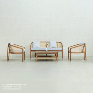 Teak Wood Armchair Set with Hoffman Sofa Combine with Natural Rattan