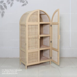 A curved wooden wardrobe with two doors, featuring woven rattan panels.