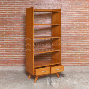 Hamra Bookcase with mid-century style, solid wood frame, open shelves, and drawers – made by Indonesia furniture manufacturers for commercial interiors.