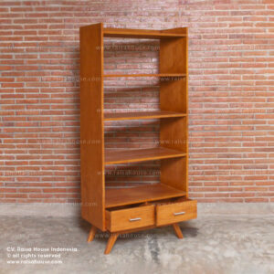 Quality teak wood bookcase in scandinavian furniture style with 5 tier shelves and 2 drawers