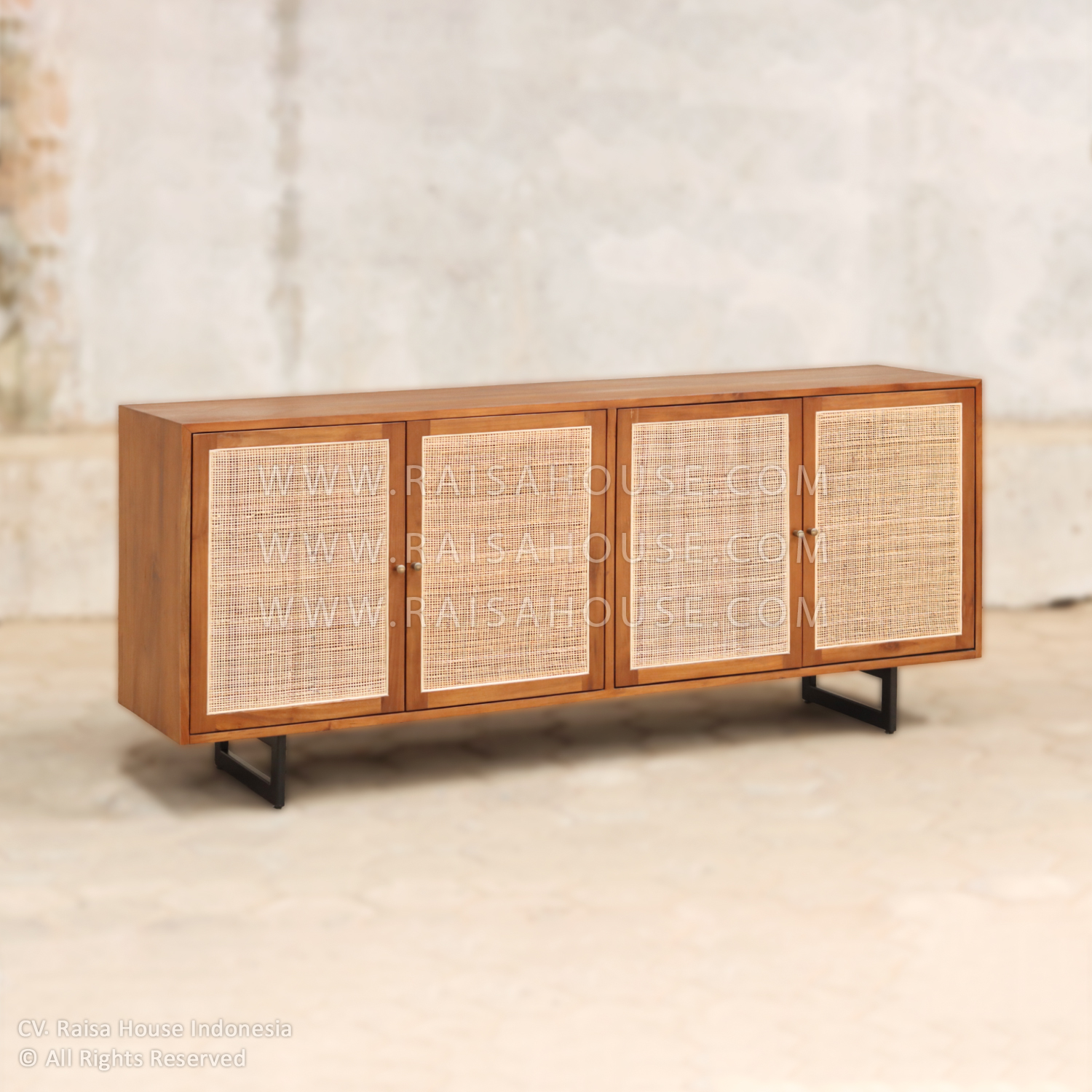 Resti buffet cabinet with rattan doors and teak wood finish, made by Indonesia furniture manufacturers for hotels, resorts, or commercial interiors.