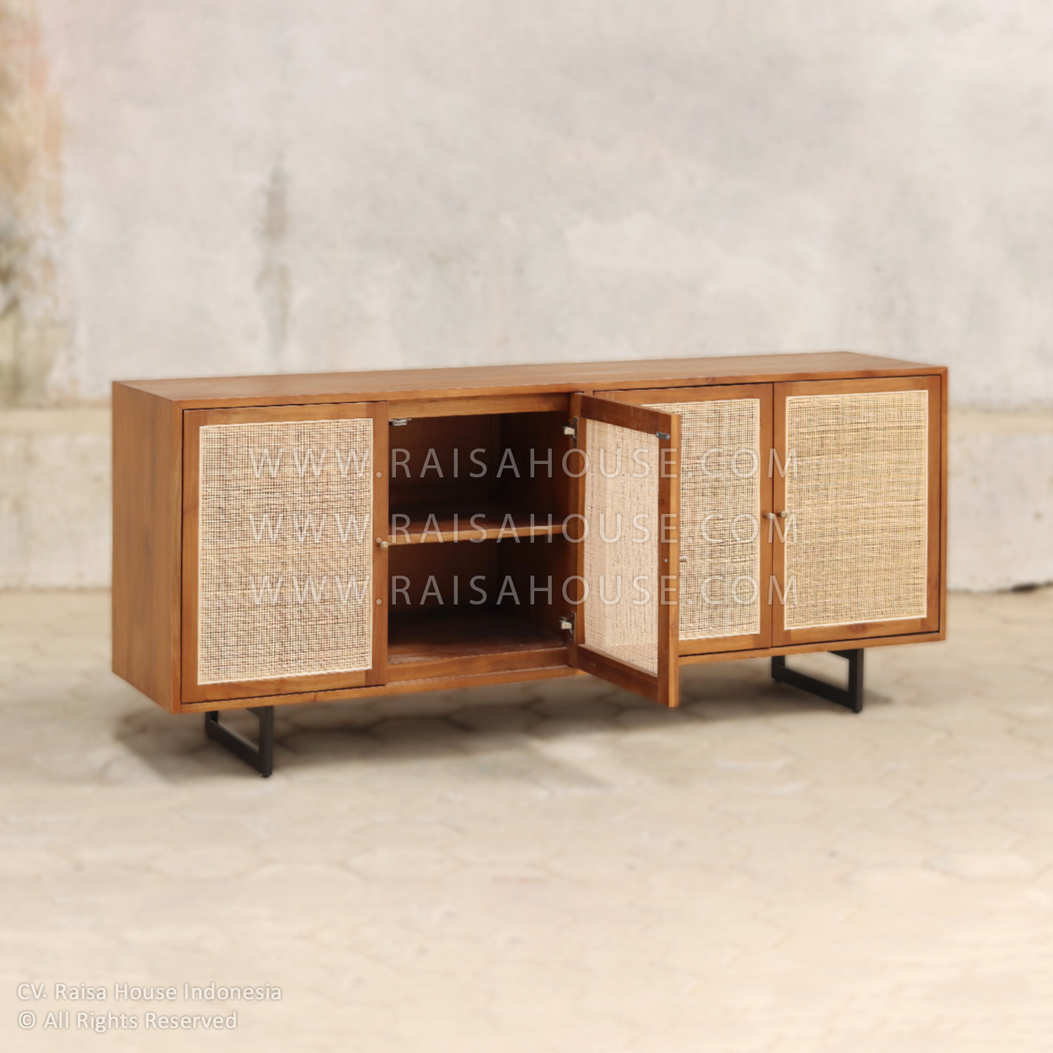 Resti buffet cabinet with rattan doors and teak wood finish, made by Indonesia furniture manufacturers for hotels, resorts, or commercial interiors.