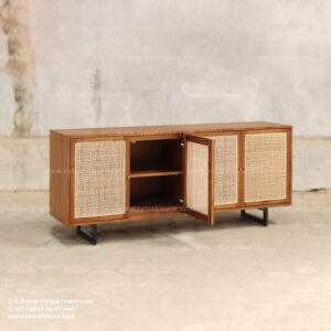 Minimalist teak wood buffet, 4 natural rattan doors, metal legs.