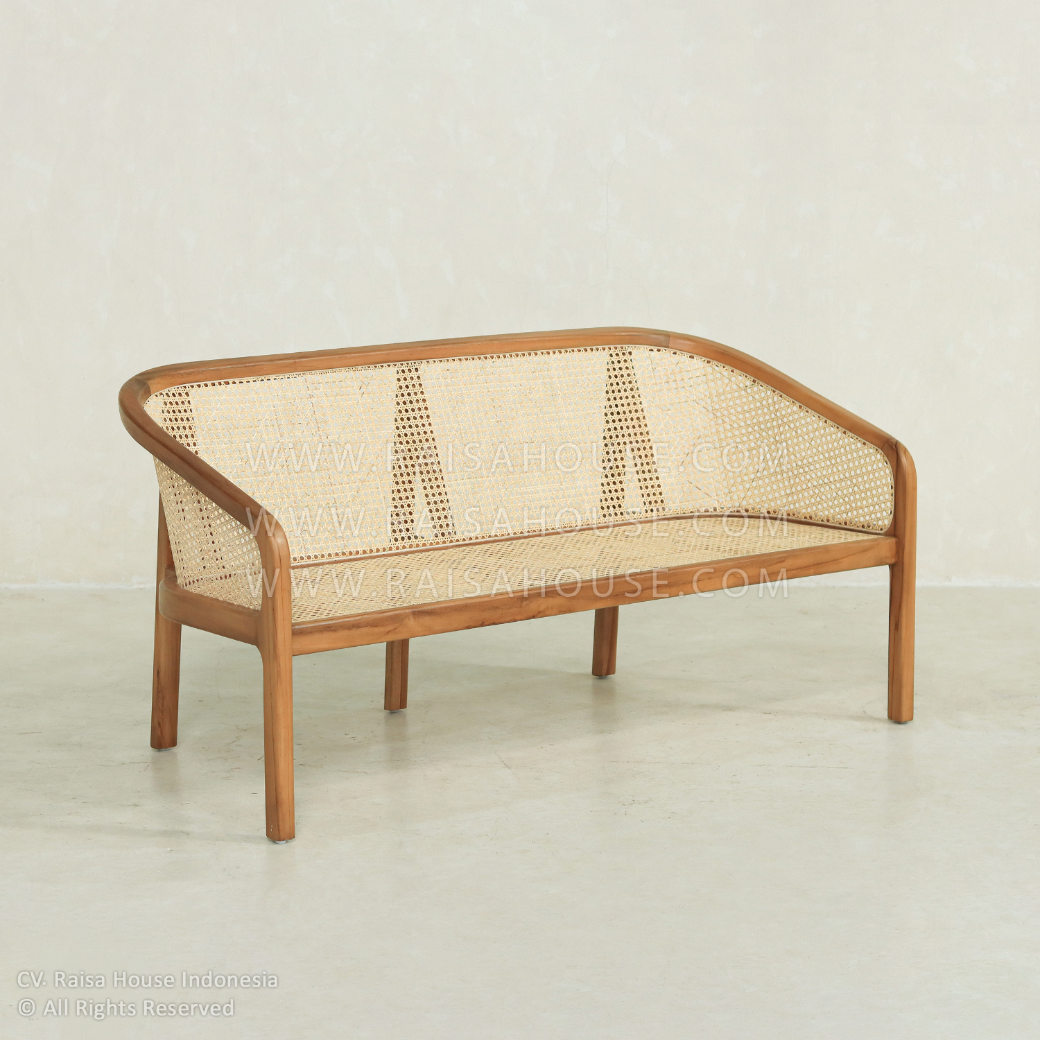 Lounge Hoffman Sofa with rattan backrest and solid teak frame, designed by Indonesia furniture manufacturers for hotel, resort, and project use.