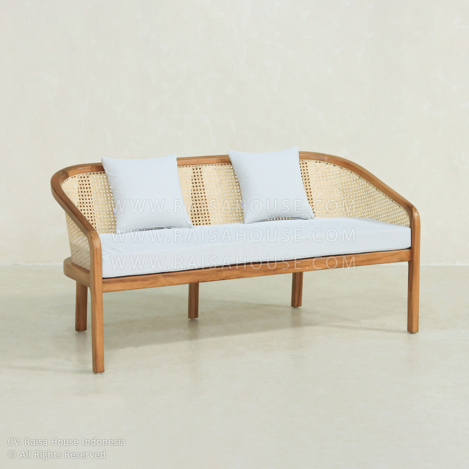 Lounge Hoffman Sofa with rattan backrest and solid teak frame, designed by Indonesia furniture manufacturers for hotel, resort, and project use.