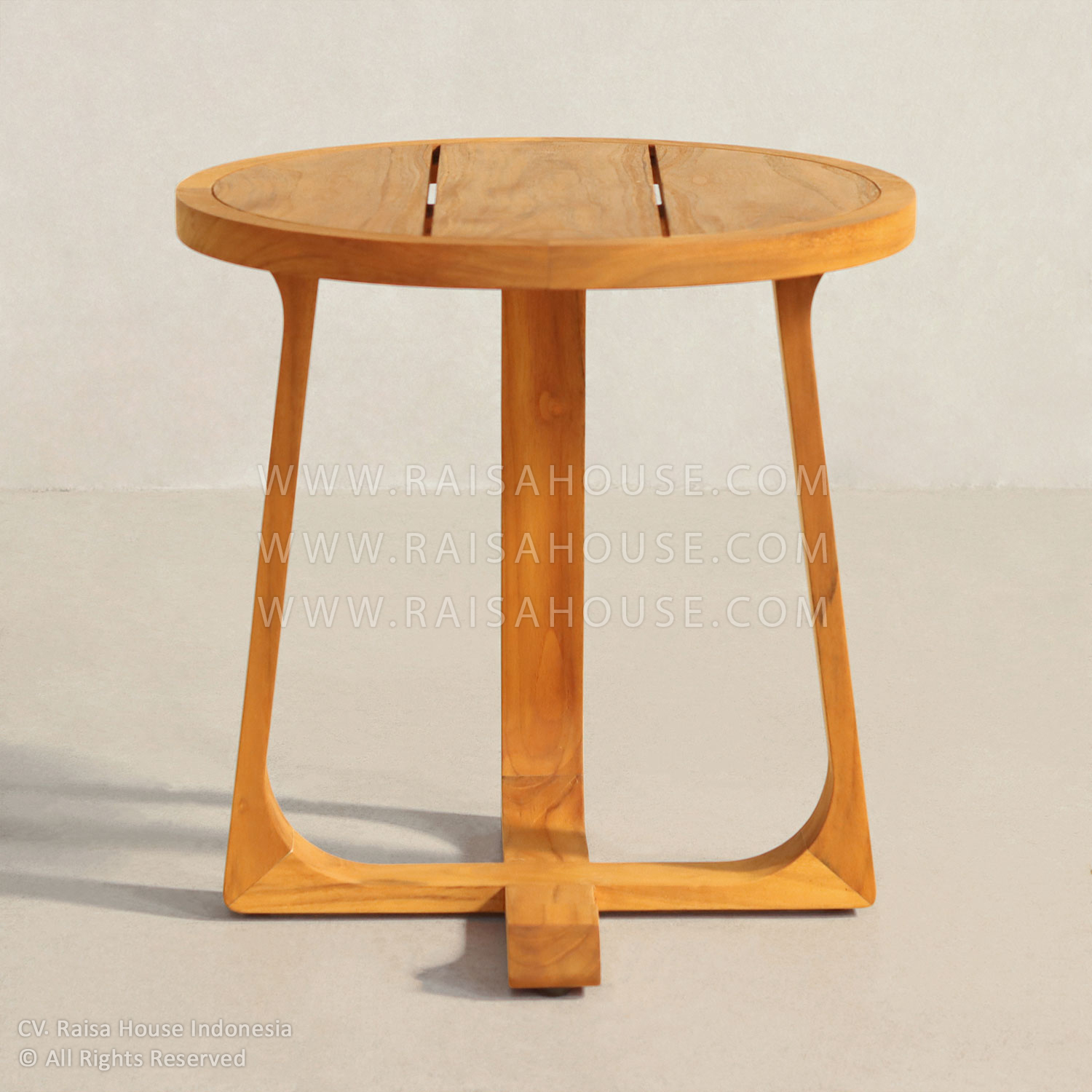Round teak wood side table with modern cross base, handcrafted by Indonesia furniture manufacturers – perfect for cafes, hotels, and commercial lounges.