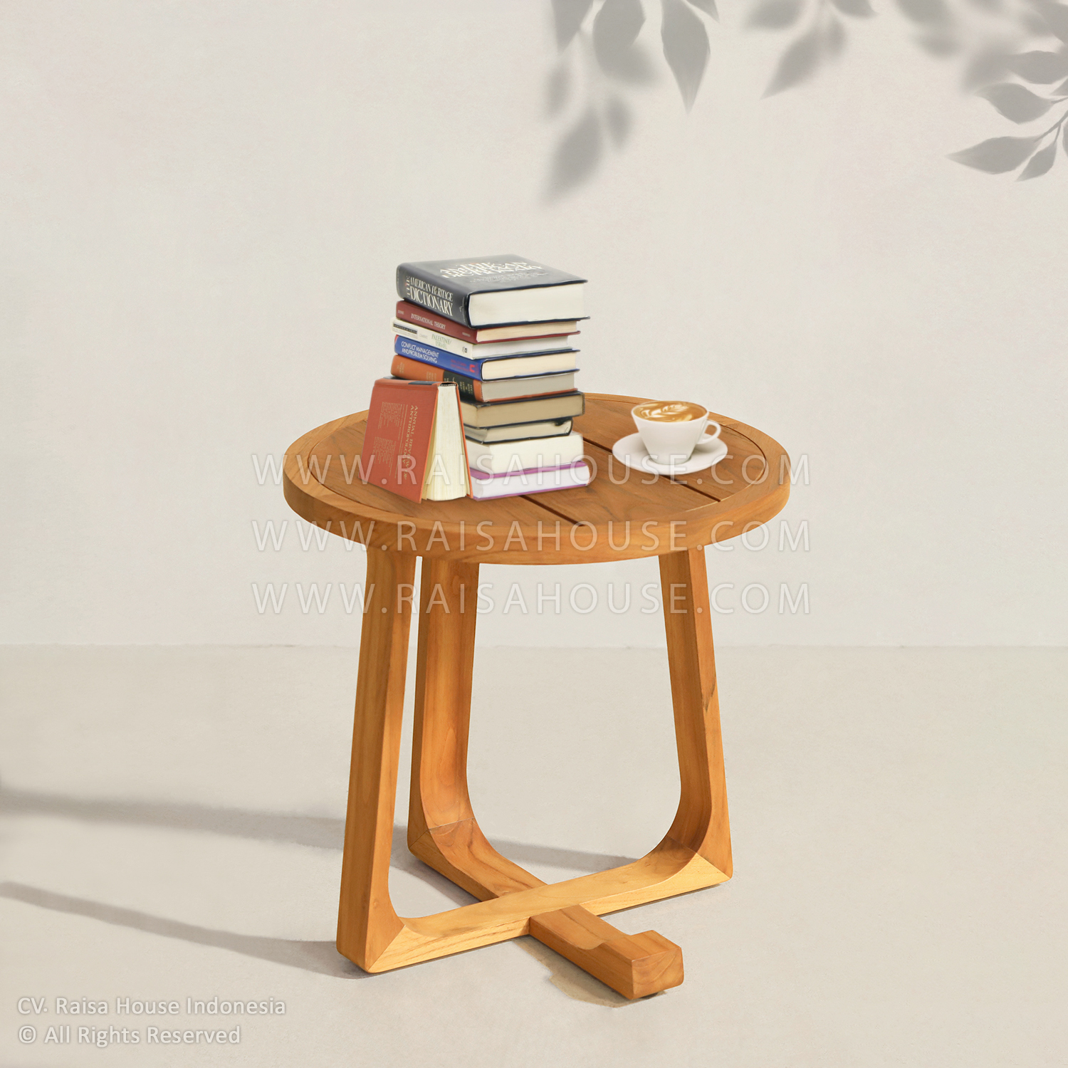 Round teak wood side table with modern cross base, handcrafted by Indonesia furniture manufacturers – perfect for cafes, hotels, and commercial lounges.