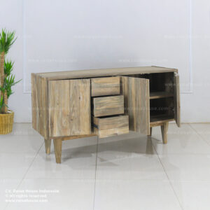 Reclaimed wood sideboard in japandi furniture style, with 2 doors and 3 drawers.