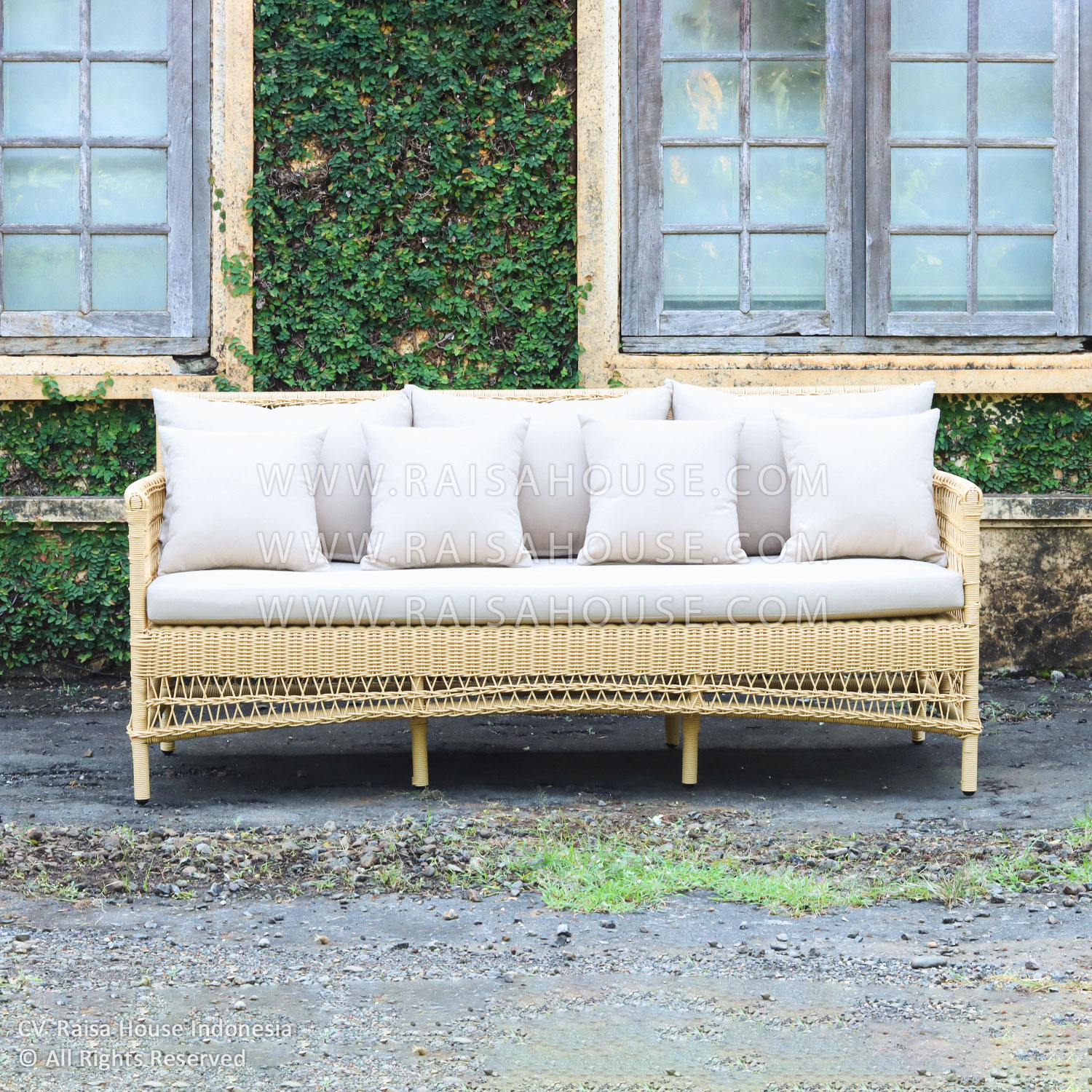 Ozzie 3-seater outdoor sofa with iron frame and synthetic rattan, crafted by leading Indonesia furniture manufacturers for hospitality projects.