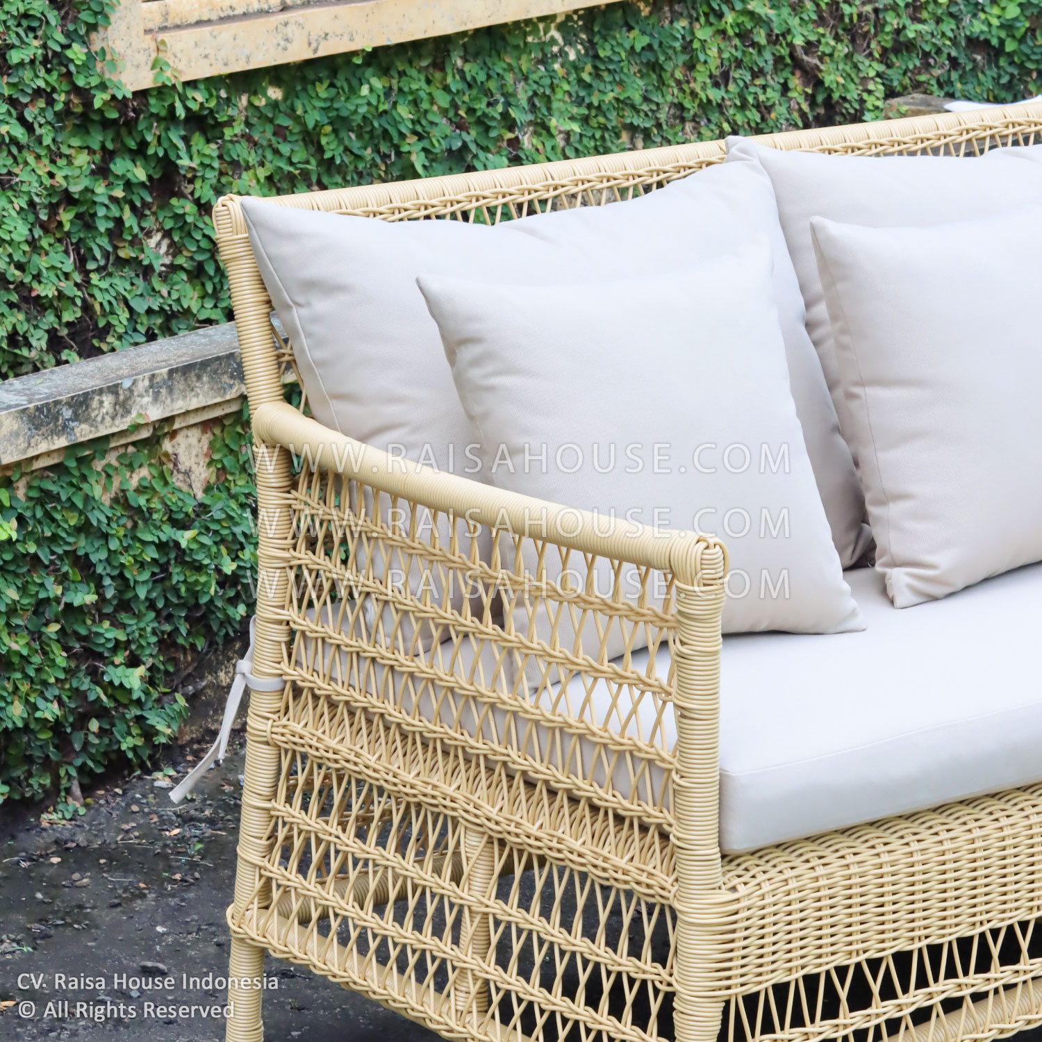 Ozzie 3-seater outdoor sofa with iron frame and synthetic rattan, crafted by leading Indonesia furniture manufacturers for hospitality projects.