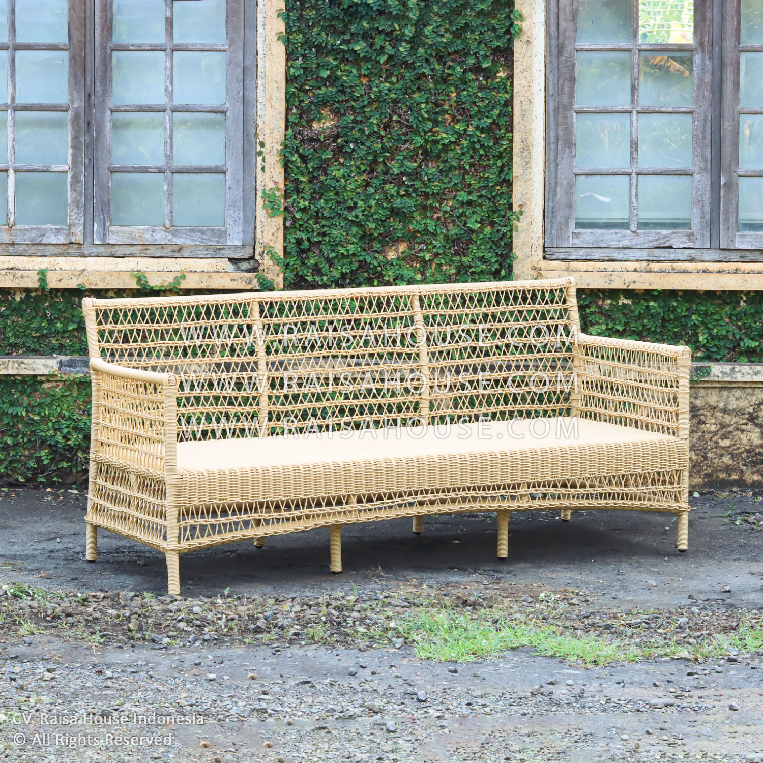 Ozzie 3-seater outdoor sofa with iron frame and synthetic rattan, crafted by leading Indonesia furniture manufacturers for hospitality projects.