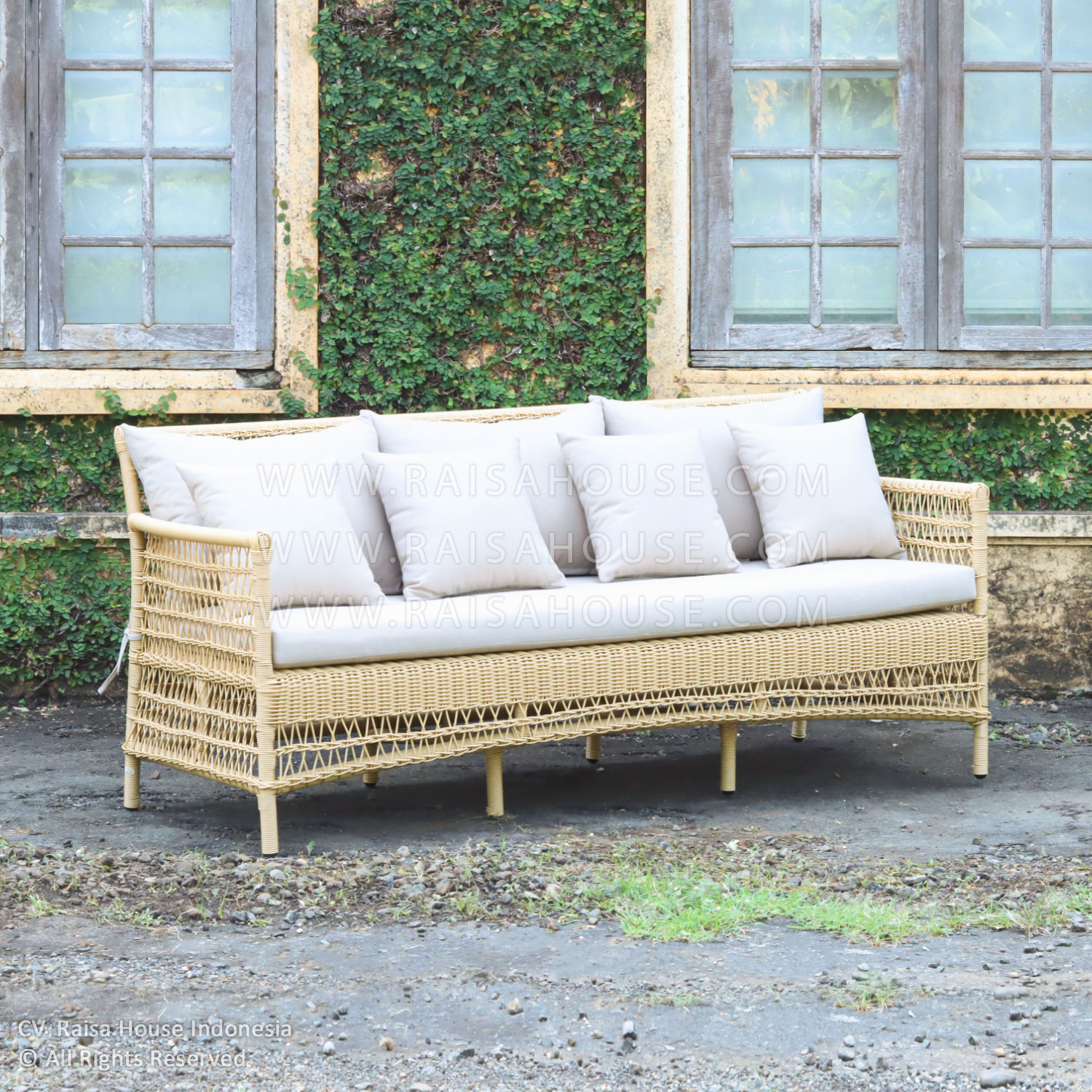 Ozzie 3-seater outdoor sofa with iron frame and synthetic rattan, crafted by leading Indonesia furniture manufacturers for hospitality projects.